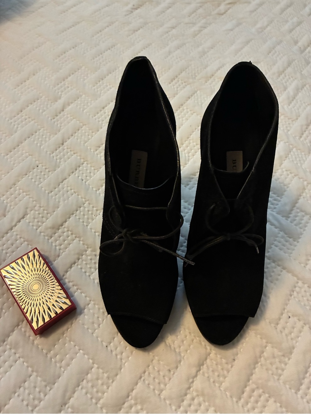 Burberry Black Suede Peep-Toe Lace-Up Bootie Heels